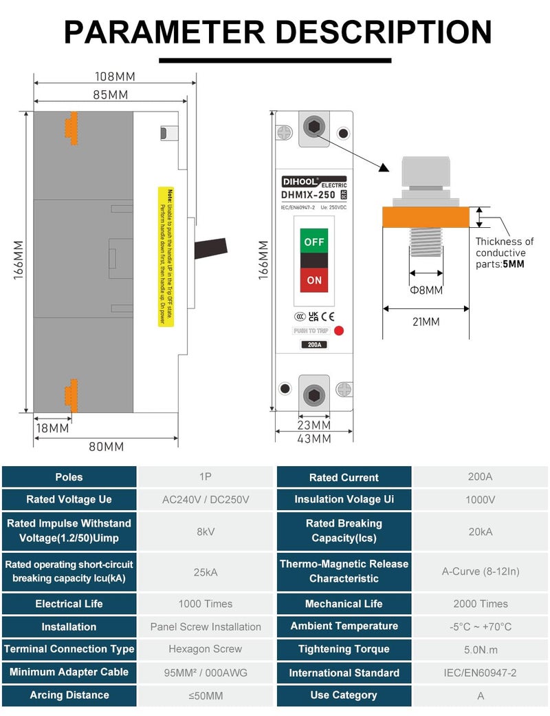 DIHOOL 200 Amp DC Breaker, 240V Battery Disconnect Switch, Thermal Magnetic Trip for Main Power Station Solar System, UPS - Image 2
